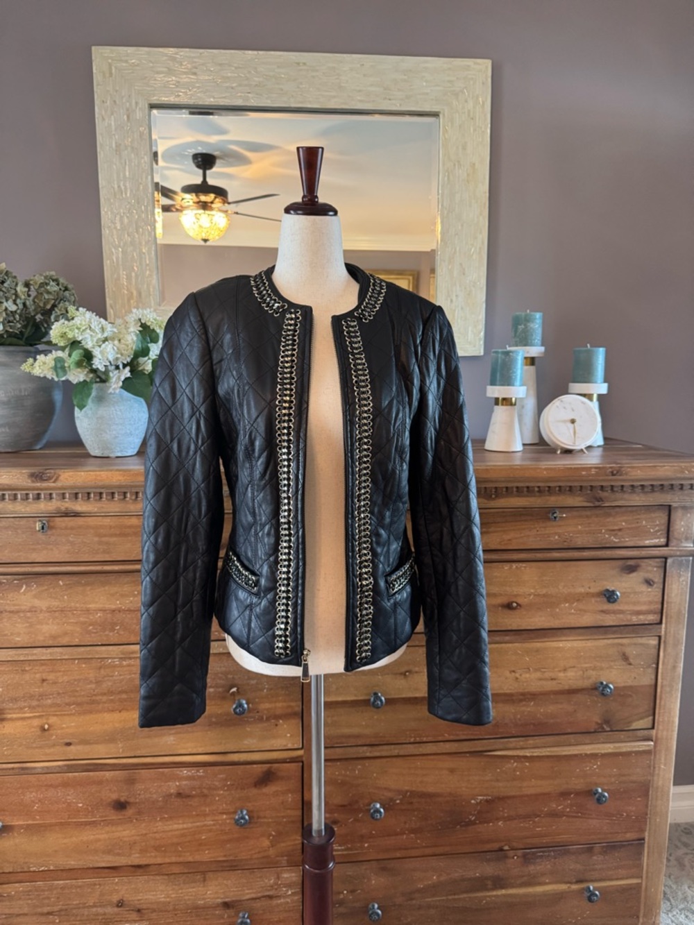 Neiman Marcus Black Quilted Leather Jacket with Gold Chain Trim